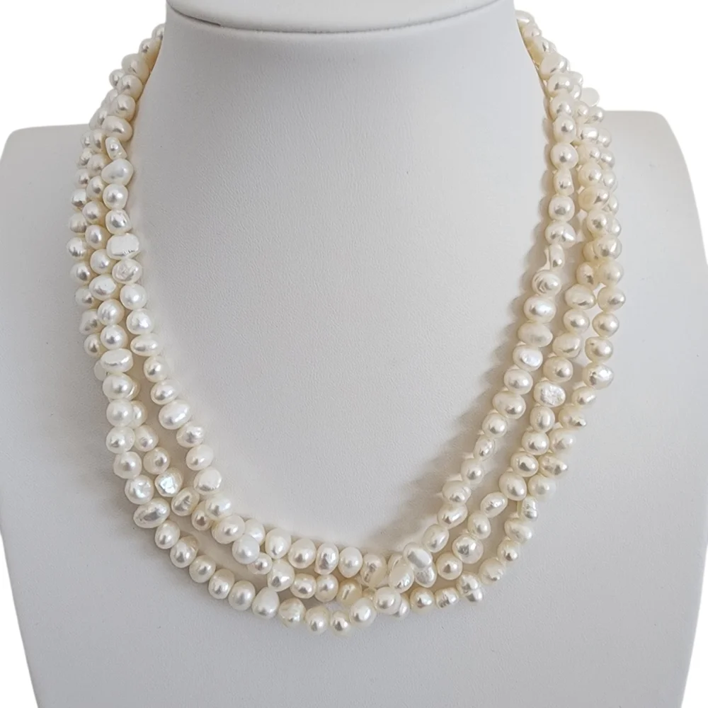 Pearl necklace multi strand genuine pearls 925 sterling silver clasp  A0387 Q7